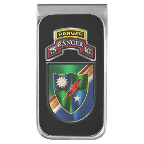 75th Ranger Regiment Tab with Scroll  Silver Finis Silver Finish Money Clip