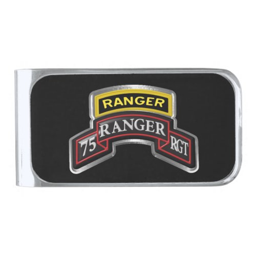 75th Ranger Regiment Tab with Scroll  Silver Finish Money Clip