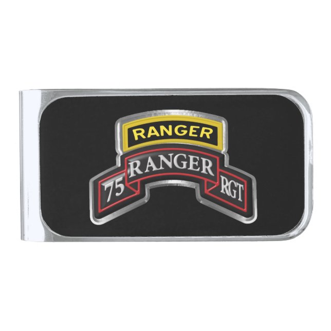 75th Ranger Regiment Tab with Scroll  Silver Finish Money Clip (Front)