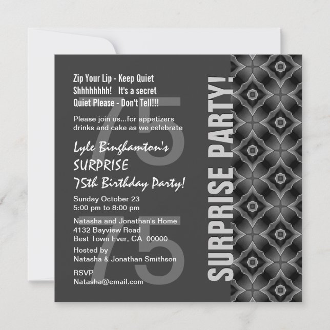 75th Surprise Birthday Gray and White Q134N Invitation (Front)