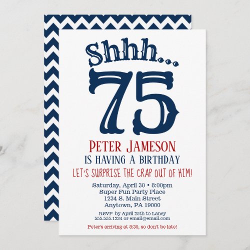 75th Surprise Birthday Invitation Mens Navy Blue