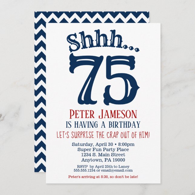 75th Surprise Birthday Invitation Mens Navy Blue (Front/Back)