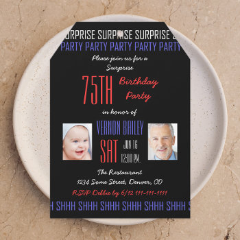 75th Surprise Birthday Party Pictures On Black Invitation by henishouseofpaper at Zazzle
