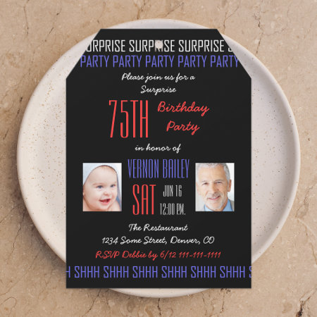 75th Surprise Birthday Party Pictures On Black Invitation