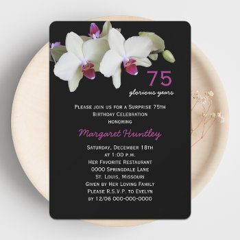 75th Surprise Birthday Party Pretty Orchid Flower Invitation by henishouseofpaper at Zazzle