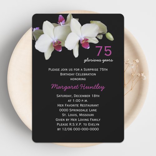 75th Surprise Birthday Party Pretty Orchid Flower Invitation