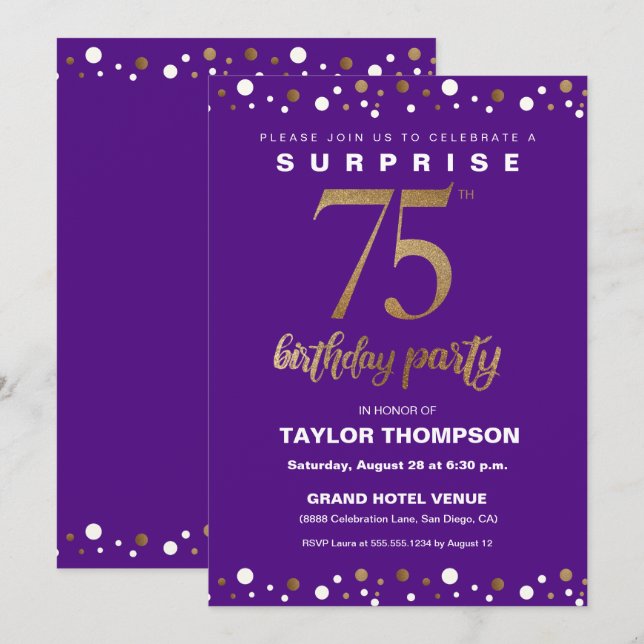 75TH Surprise birthday party purple gold confetti Invitation (Front/Back)