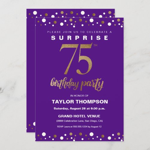 75TH Surprise birthday party purple gold confetti Invitation