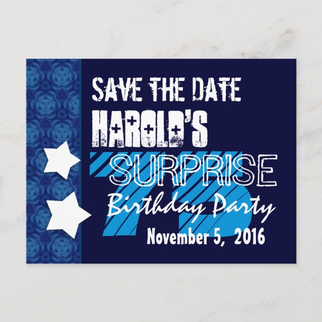75th Surprise Birthday Save the Date Blue Stars Announcement Postcard (Front)