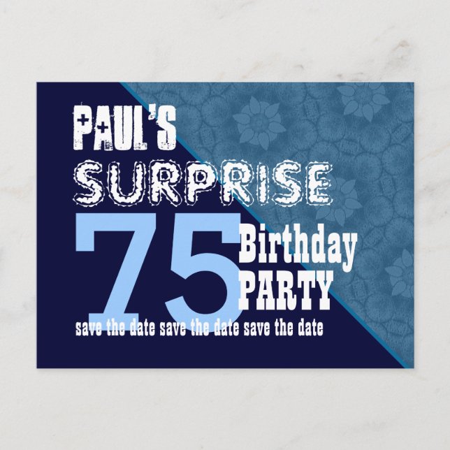 75th Surprise Birthday Save the Date Diagonal VB20 Announcement Postcard (Front)