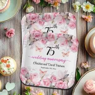 75th Wedding Anniversary Blush Roses Paper Plates
