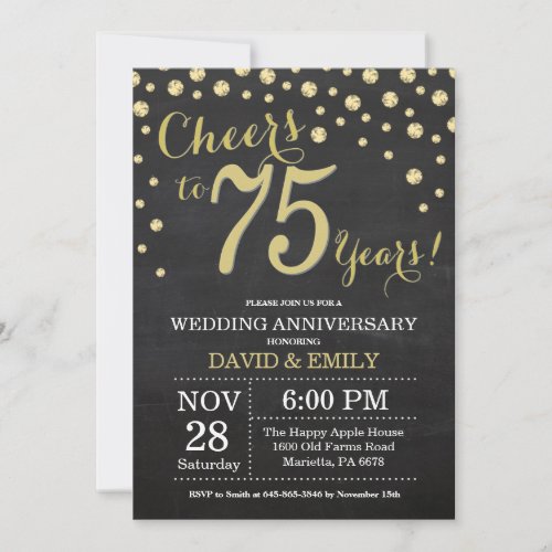 75th Wedding Anniversary Chalkboard Black and Gold Invitation