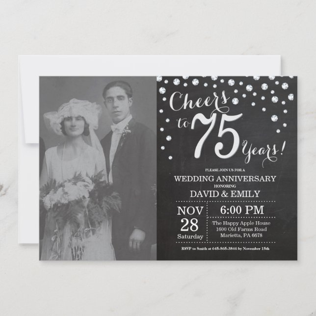 75th Wedding Anniversary Chalkboard Black Silver Invitation (Front)