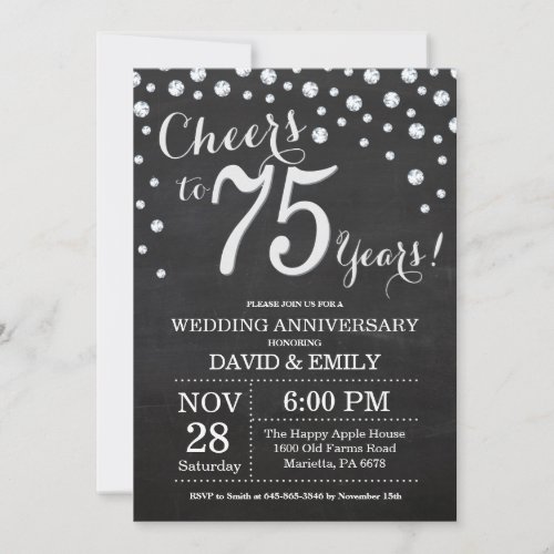 75th Wedding Anniversary Chalkboard Black Silver Invitation