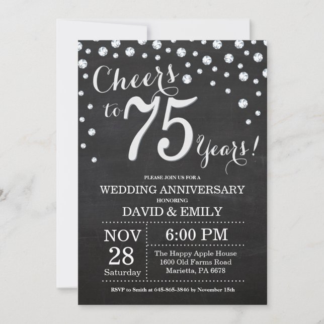 75th Wedding Anniversary Chalkboard Black Silver Invitation (Front)
