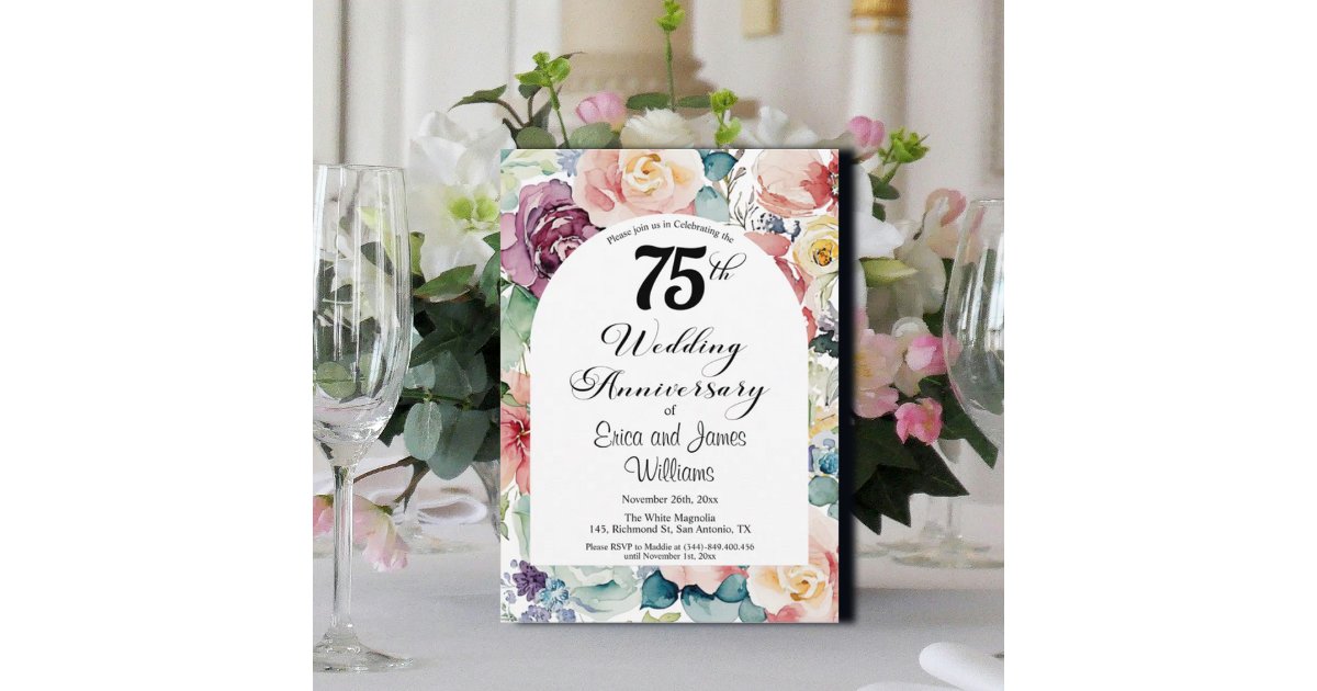 75th Wedding Anniversary Elegant Script Floral Invitation | Zazzle