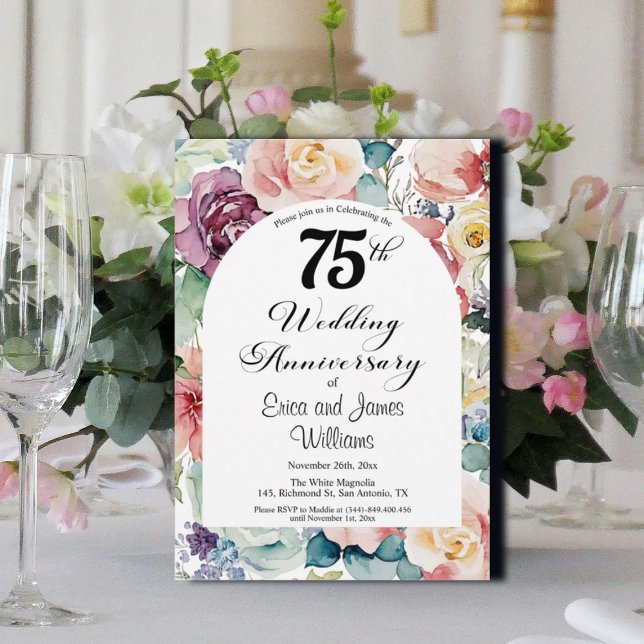 75th Wedding Anniversary Elegant Script Floral Invitation (Creator Uploaded)