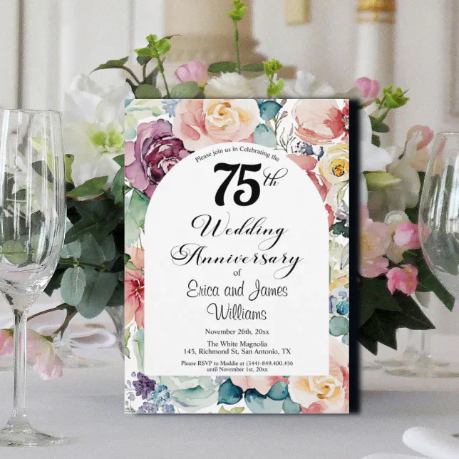 75th Wedding Anniversary Elegant Script Floral Invitation | Zazzle