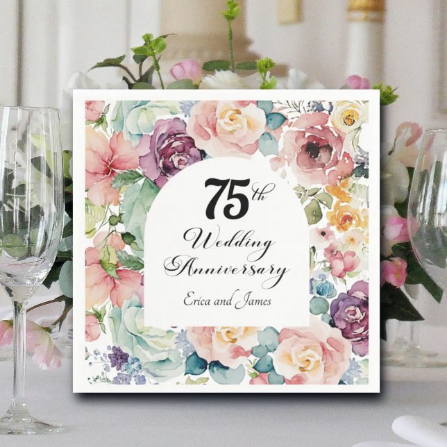 75th Wedding Anniversary Elegant Script Floral Napkins (Creator Uploaded)