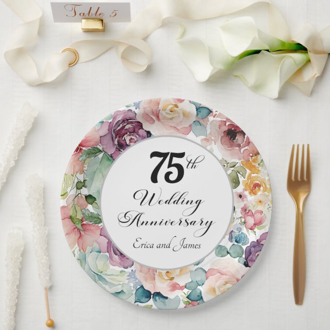75th Wedding Anniversary Elegant Script Floral Paper Plates (Wedding)