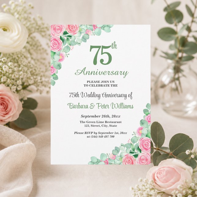 75th Wedding Anniversary Eucalyptus Roses Invitation (Creator Uploaded)