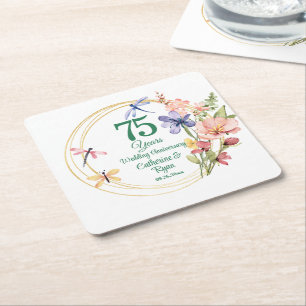 75th Wedding Anniversary Gold Frame Floral Square Paper Coaster