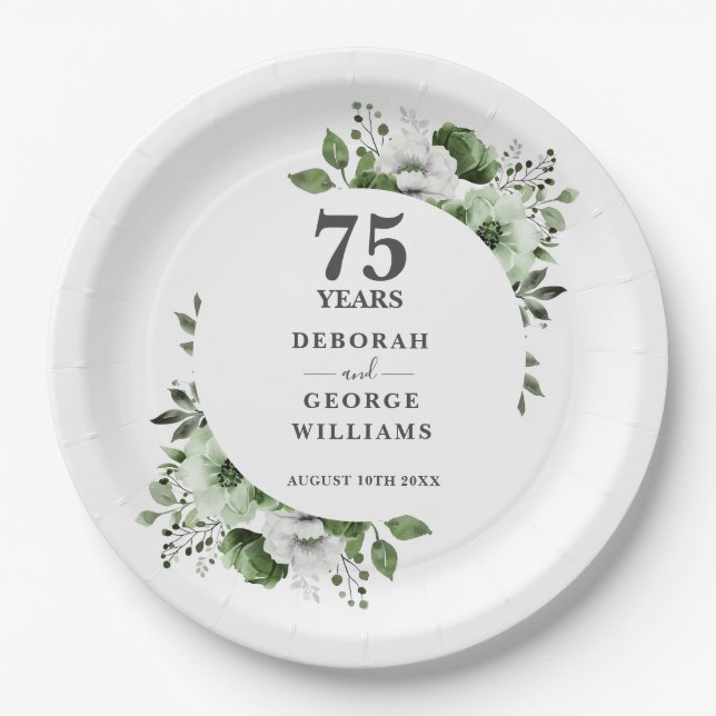 75th Wedding Anniversary Greenery Floral Paper Plates (Front)