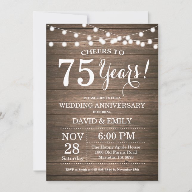 75th Wedding Anniversary Invitation Rustic Wood (Front)