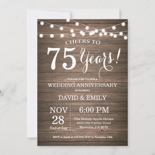 75th Wedding Anniversary Invitation Rustic Wood