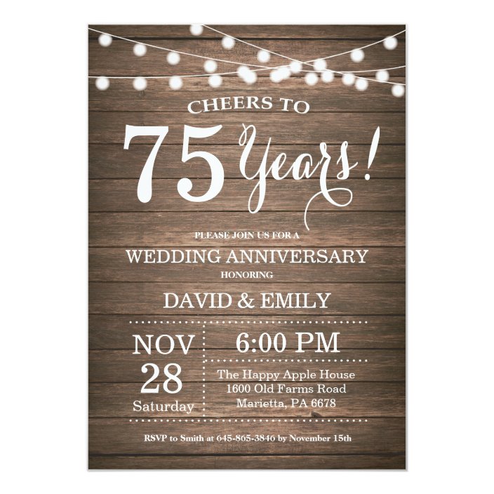 75th Wedding Anniversary Invitation Rustic Wood | Zazzle.com