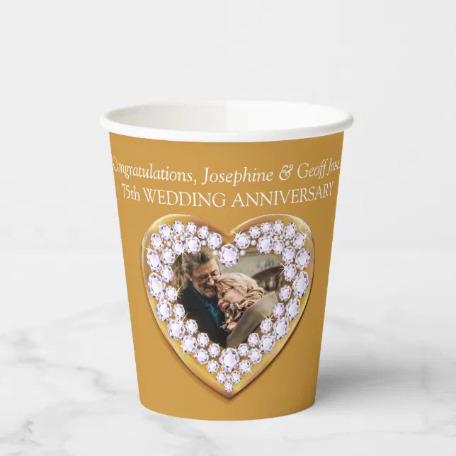 75th wedding anniversary photo gold and diamonds paper cups Zazzle