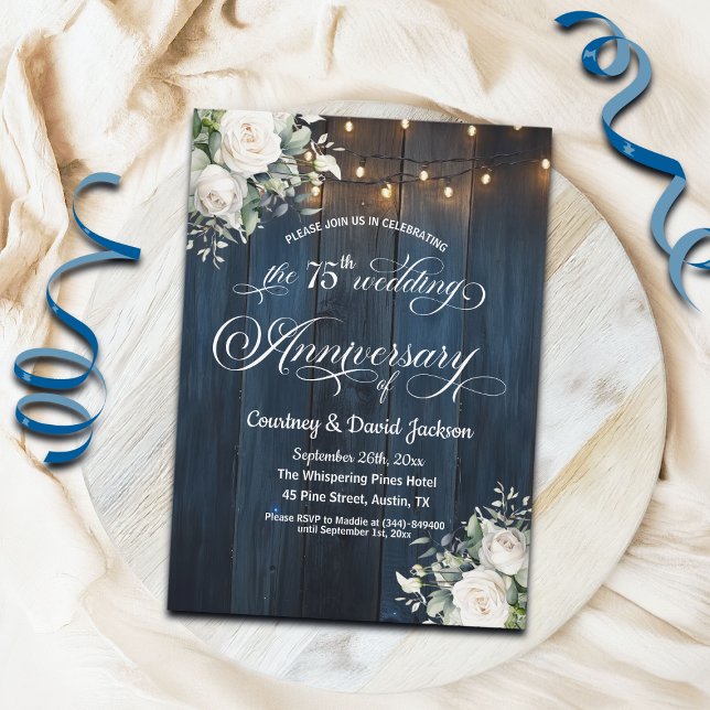 75th Wedding Anniversary Rustic Blue String Lights Invitation (Creator Uploaded)