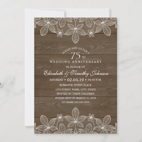 75th Wedding Anniversary Rustic Wood Country Lace Invitation