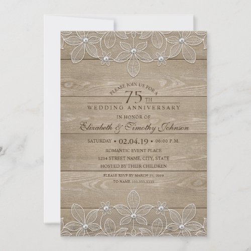 75th Wedding Anniversary Rustic Wood Vintage Lace Invitation