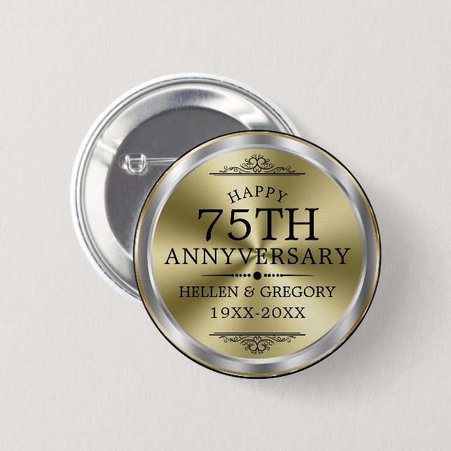 75th Wedding Anniversary Shiny Silver & Gold Button (Front & Back)
