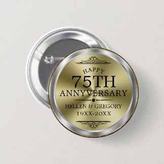 75th Wedding Anniversary Shiny Silver & Gold Button