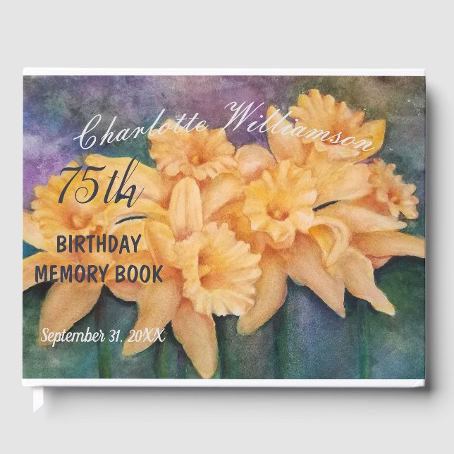 75th Yellow Daffodil Floral Birthday Memory Guest Book (Front)