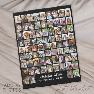 76 Photo Collage Grid with Text - black Fleece Blanket