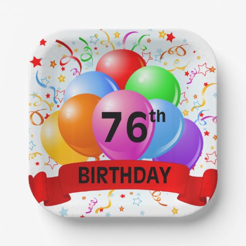 76th Birthday Balloons Banner Paper Plates