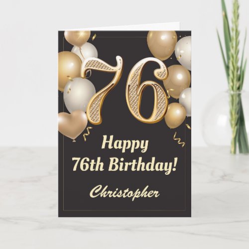 76th Birthday Black and Gold Balloons Confetti Card