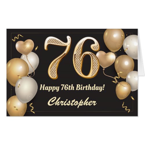 76th Birthday Black and Gold Balloons Extra Large Card