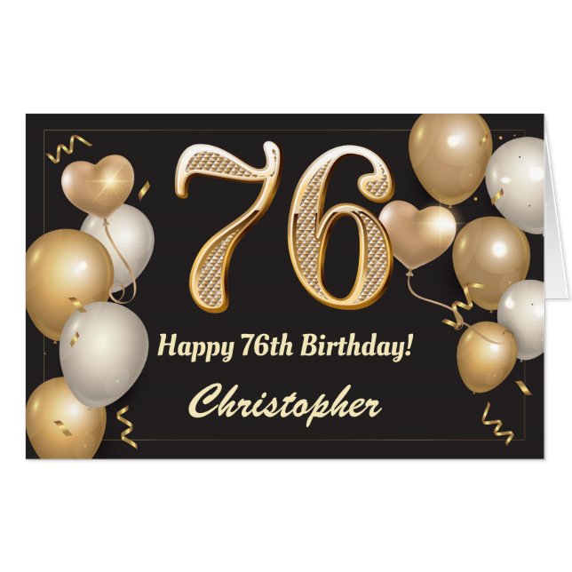 76th Birthday Black and Gold Balloons Extra Large Card (Front Horizontal)