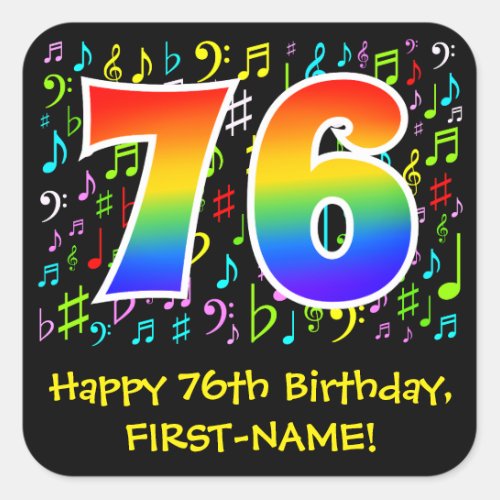 76th Birthday Colorful Music Symbols Rainbow 76 Square Sticker