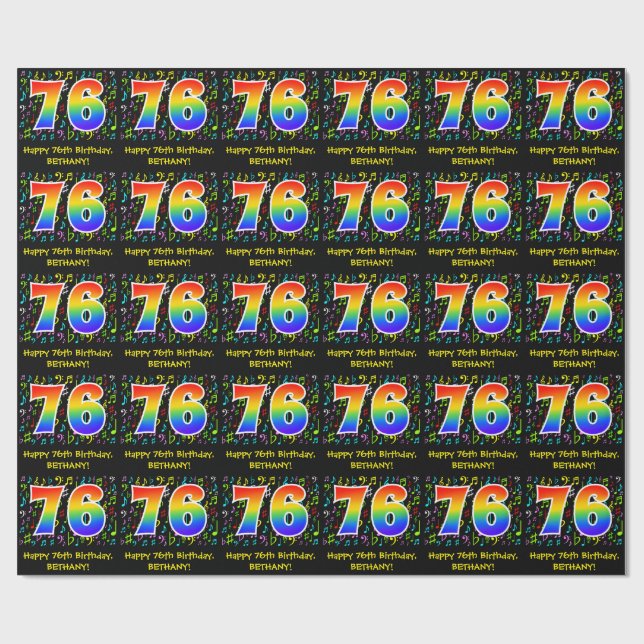 76th Birthday: Colorful Music Symbols, Rainbow 76 Wrapping Paper (Flat)