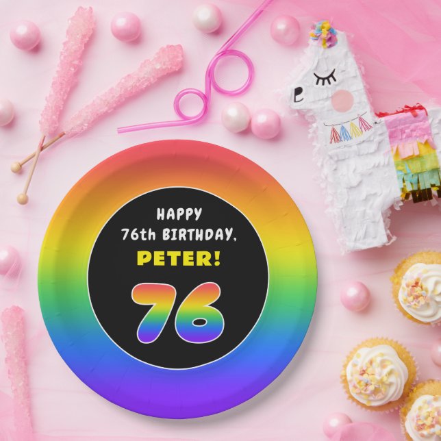 76th Birthday: Colorful Rainbow # 76, Custom Name Paper Plates (Party)
