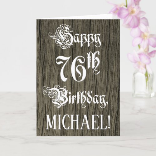 76th Birthday Fancy Elegant Text Faux Wood Look Card