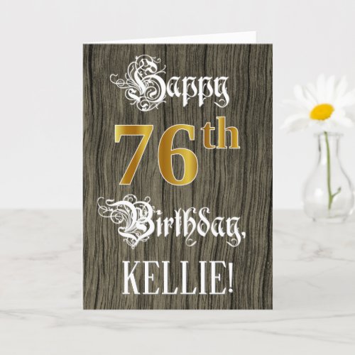 76th Birthday Faux Gold Look  Faux Wood Pattern Card