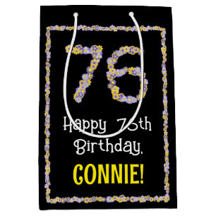 76th Birthday: Floral Flowers Number, Custom Name Medium Gift Bag