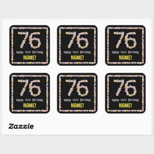 76th Birthday Floral Flowers Number Custom Name Square Sticker