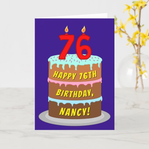 76th Birthday Fun Cake and Candles  Custom Name Card